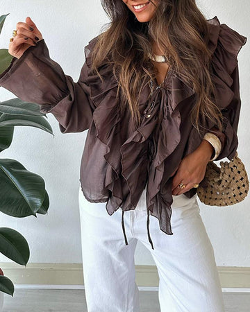 V Neck Lace Up Long Sleeve Blouse Casual Ruffles Design Chiffon Top